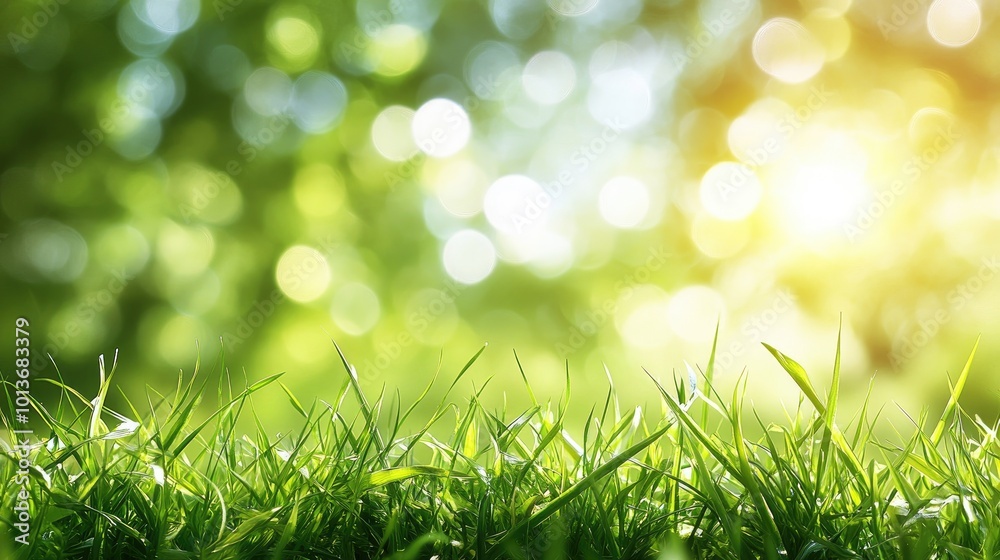 Obraz premium Close-up of vibrant green grass with soft sunlight filtering through foliage, creating a serene and peaceful atmosphere.