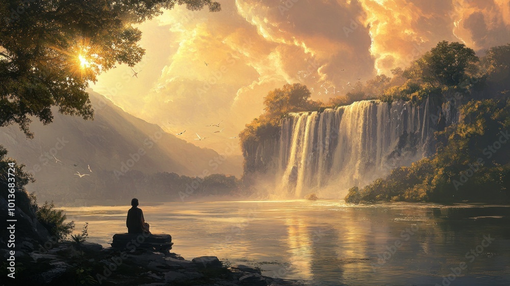 A Solitary Figure Contemplates a Majestic Waterfall and Golden Sky A Solitary Figure Contemplates a Majestic Waterfall and Golden Sky