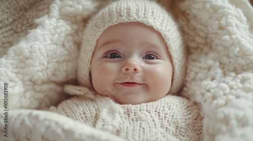 Newborn Baby Boy Wrapped in Cozy White Blanket