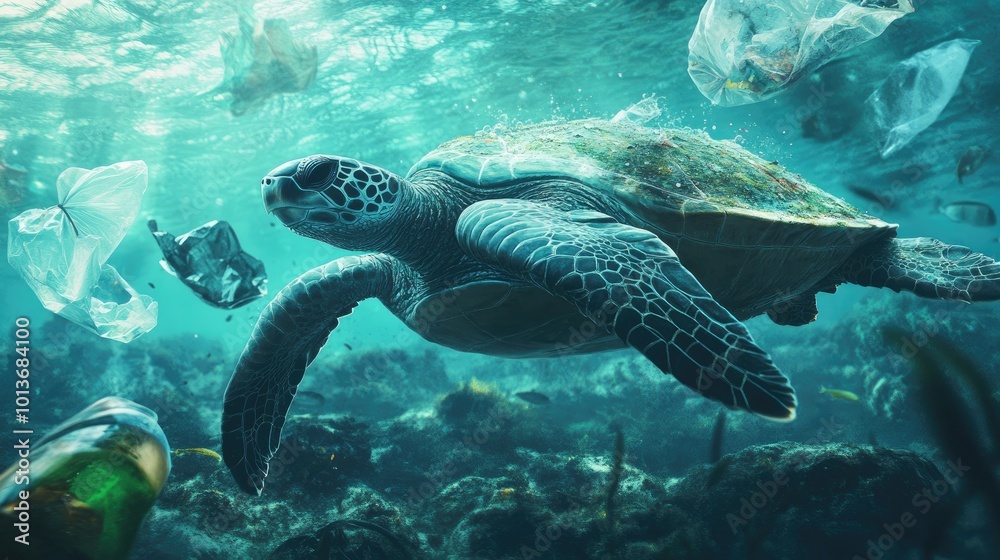 Fototapeta premium A majestic green sea turtle swimming amidst plastic waste in a vibrant underwater habitat.