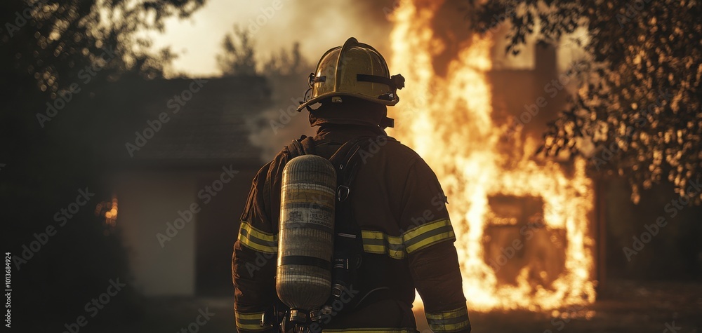 Firefighter in action battling flames and smoke from a burning building.
