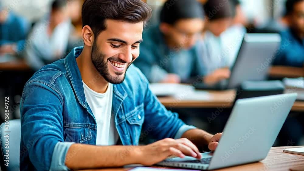 A smiling young man immersed in laptop productivity at public work area. Busy workspace scene with man absorbed by laptop project. A smiling young man immersed in laptop productivity at public work area. Busy workspace scene with man absorbed by laptop project.