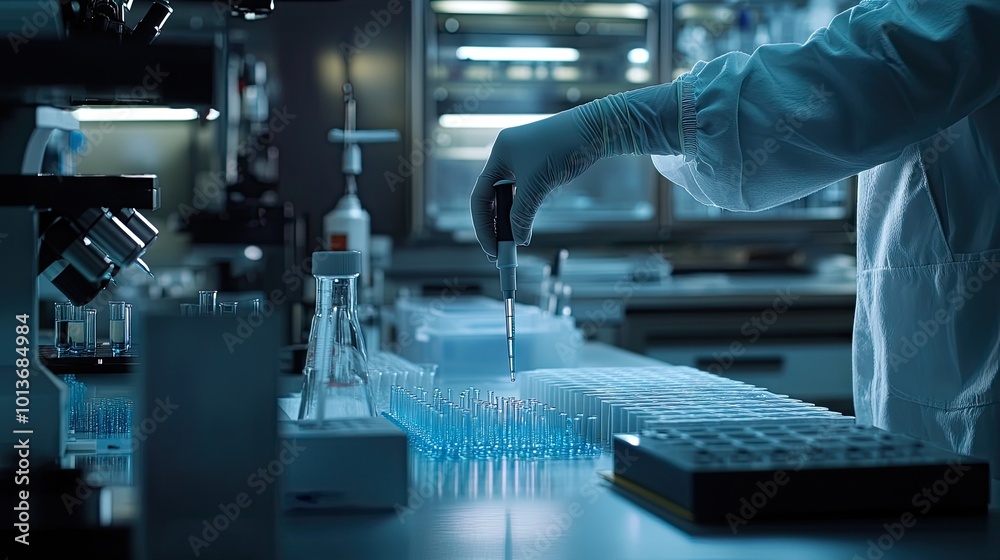 A scientist in a white lab coat meticulously adds a sample to test tubes in a well-equipped laboratory. A scientist in a white lab coat meticulously adds a sample to test tubes in a well-equipped laboratory.
