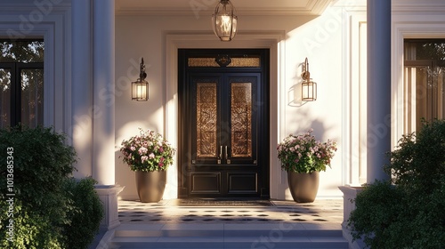 Elegant front entrance with a black door flanked by flowering potted plants, creating a warm and inviting atmosphere.