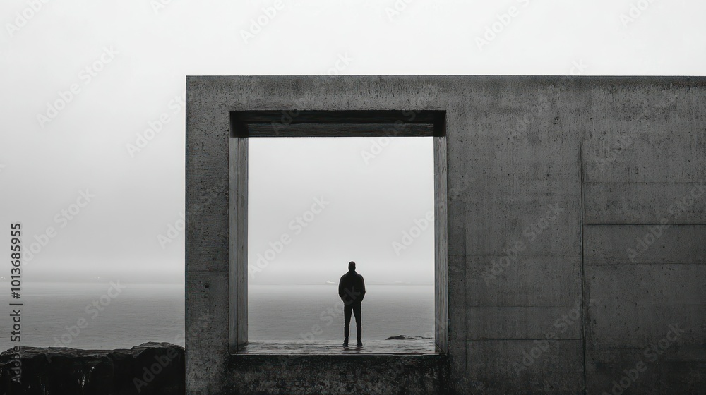 Silhouette of a Man Standing in a Concrete Frame Overlooking a Misty Ocean Silhouette of a Man Standing in a Concrete Frame Overlooking a Misty Ocean