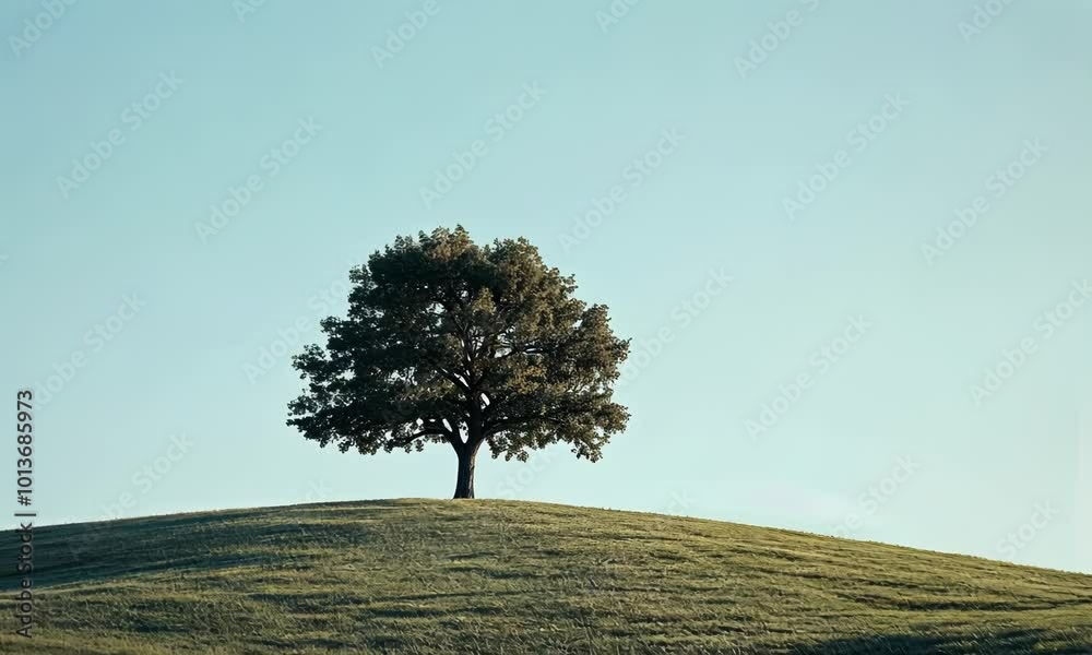 Minimalist scene of a lone tree on a hilltop under a clear sky, with soft gradients and a sense of peaceful solitude, capturing the beauty of isolation, . Video
