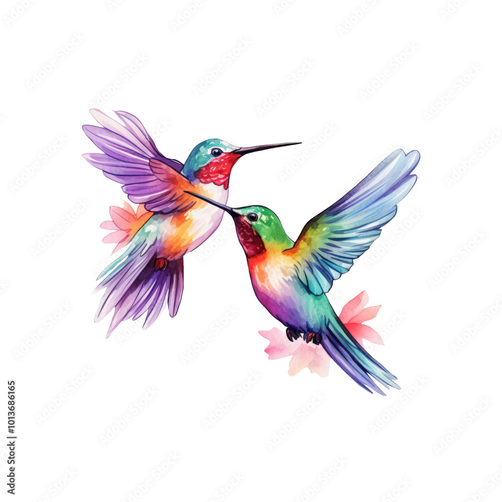 Obraz premium Two hummingbirds on a branch with pink flowers are perfect for nature themed designs, greeting cards, and springtime illustrations. Generative AI
