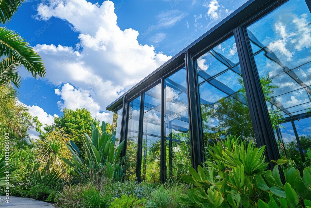 Sky reflecting in a modern glasswalled garden with exotic plants, architectural nature concept Sky reflecting in a modern glasswalled garden with exotic plants, architectural nature concept