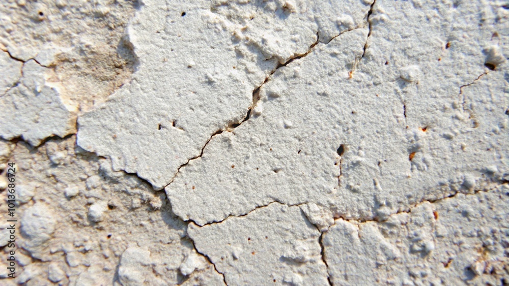Close-up of a cracked and weathered white painted wall surface. Close-up of a cracked and weathered white painted wall surface.