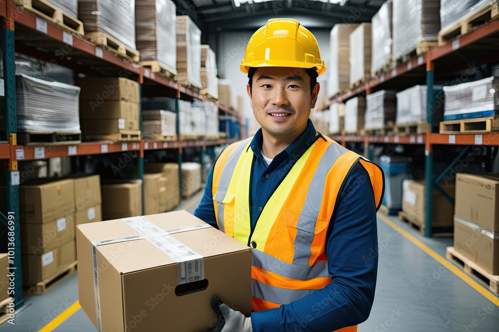Asian Man in High-Visibility Vest and Hard Hat Holding a Box in a Warehouse Setting