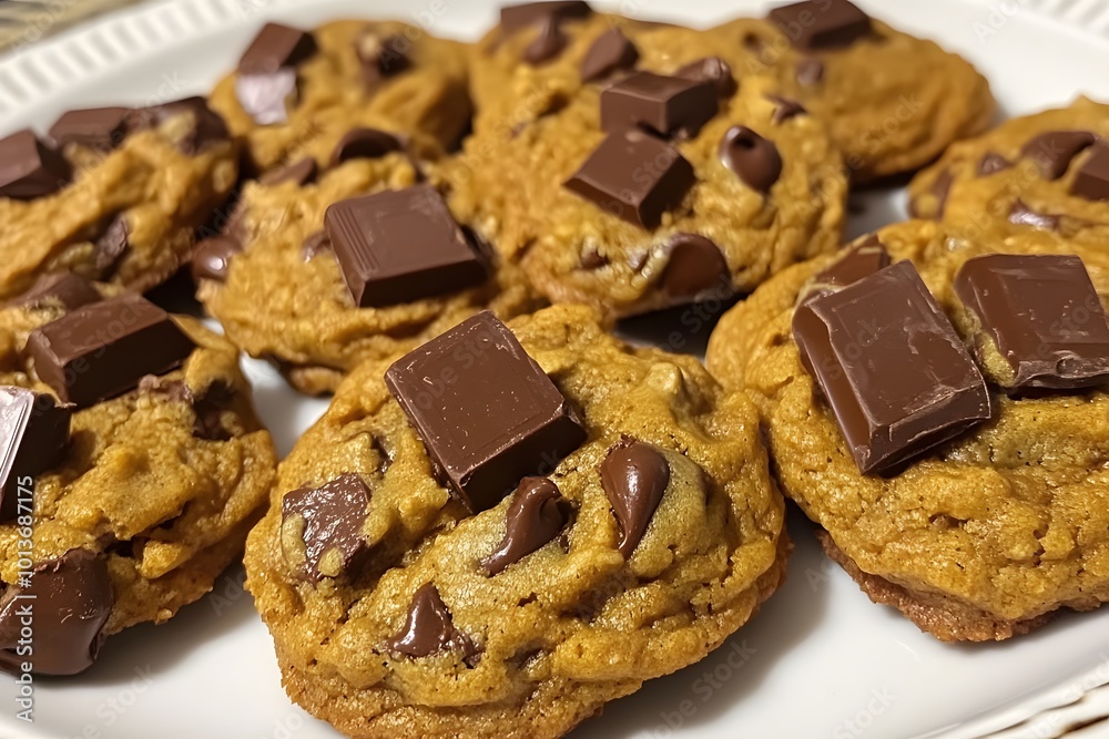 Delicious chocolate chip cookies with melted chocolate chunks, freshly baked and golden brown, arranged on a white plate. Delicious chocolate chip cookies with melted chocolate chunks, freshly baked and golden brown, arranged on a white plate.