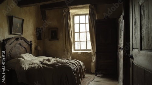 A rustic bedroom with a wooden bed, a window with curtains, and a wooden wardrobe.