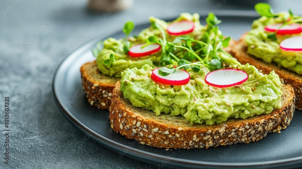 Delicious avocado toast topped with radishes and sprouts on a plate. Delicious avocado toast topped with radishes and sprouts on a plate.
