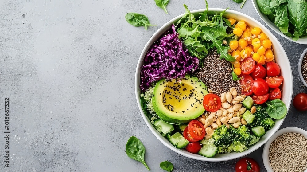 Healthy mixed salad bowl with fresh vegetables, avocado, nuts, and seeds on a gray background. Healthy mixed salad bowl with fresh vegetables, avocado, nuts, and seeds on a gray background.