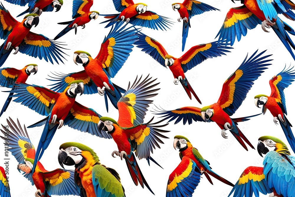 Obraz premium Vibrant Macaw Parrots Flying Isolated on White Background
