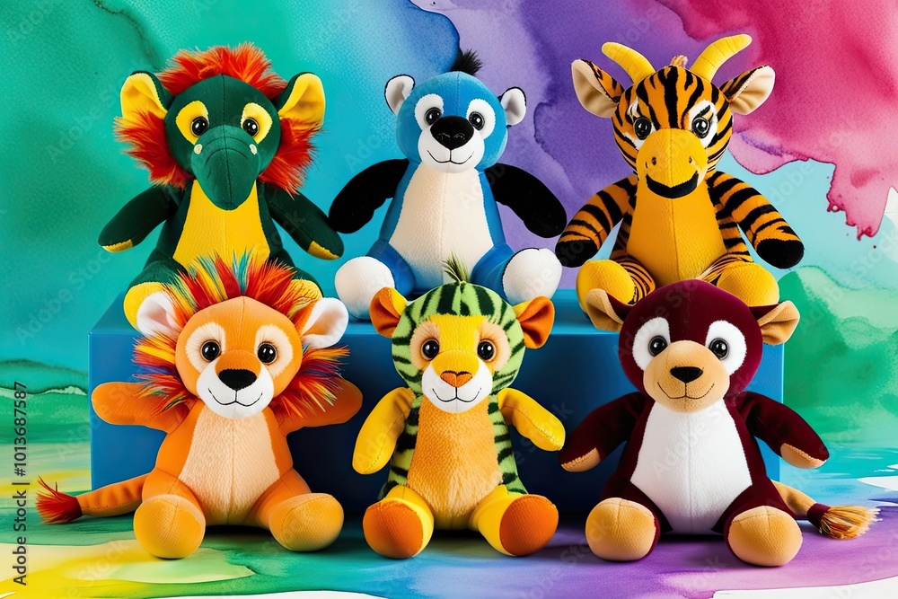 Fototapeta premium Vibrant Watercolor Background Featuring Cutout Group of Five Exotic Jungle Animal Plush Toys