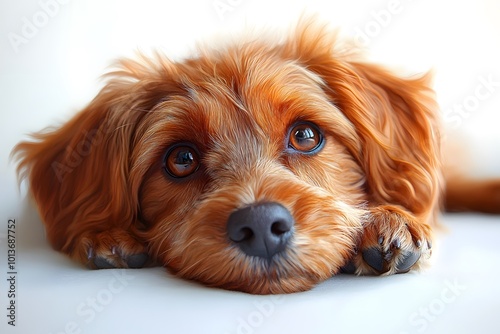 A cute, fluffy dog with warm, brown fur and soulful eyes lying down, looking thoughtfully at the viewer.
