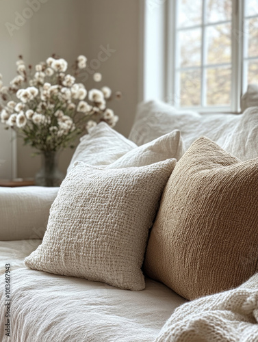 Beautiful neutral toned textured pillows are arranged on a sofa in a bright living room