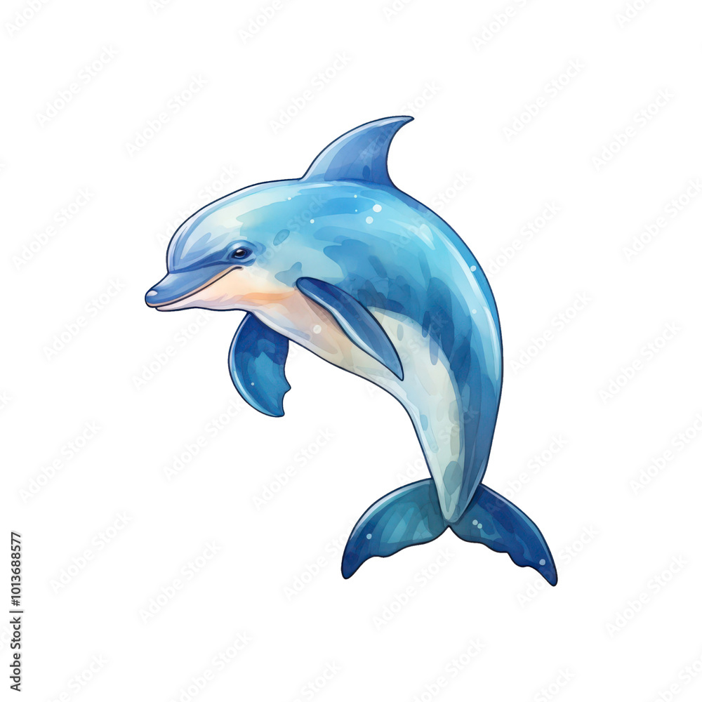 Fototapeta premium blue dolphin jumping, suitable for marine themed designs, posters, and educational materials. Generative AI