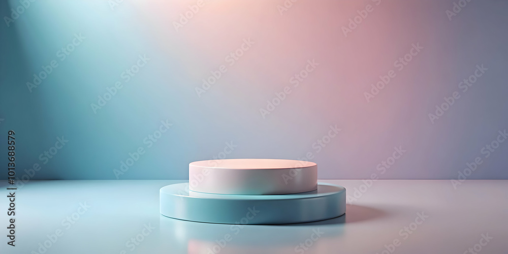 Pastel Dream Podium: Two-tiered minimalist display stand in soft teal and white, bathed in a dreamy gradient of pink and blue light. Ideal for product showcases, branding, or artistic presentations. Pastel Dream Podium: Two-tiered minimalist display stand in soft teal and white, bathed in a dreamy gradient of pink and blue light. Ideal for product showcases, branding, or artistic presentations.