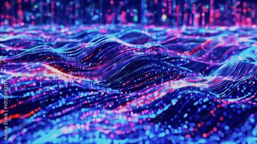 Colorful plasma-like waves ripple sleek digital environment, energy or data transfer. colors pulse sync with abstract particle bursts, high-tech, quantum-inspired feel, 4k background Animation Video Colorful plasma-like waves ripple sleek digital environment, energy or data transfer. colors pulse sync with abstract particle bursts, high-tech, quantum-inspired feel, 4k background Animation Video