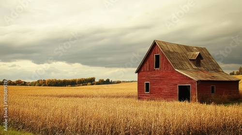 Red Barn in a Field of Dried Corn Stalks