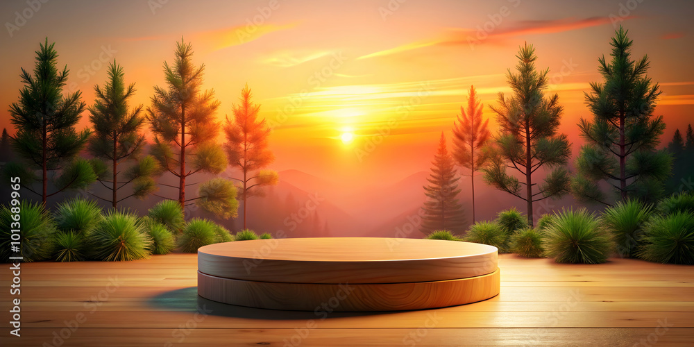 Obraz premium Sunrise Podium in Pine Forest: A serene wooden podium bathed in the warm glow of a breathtaking sunrise, nestled amidst a picturesque pine forest.