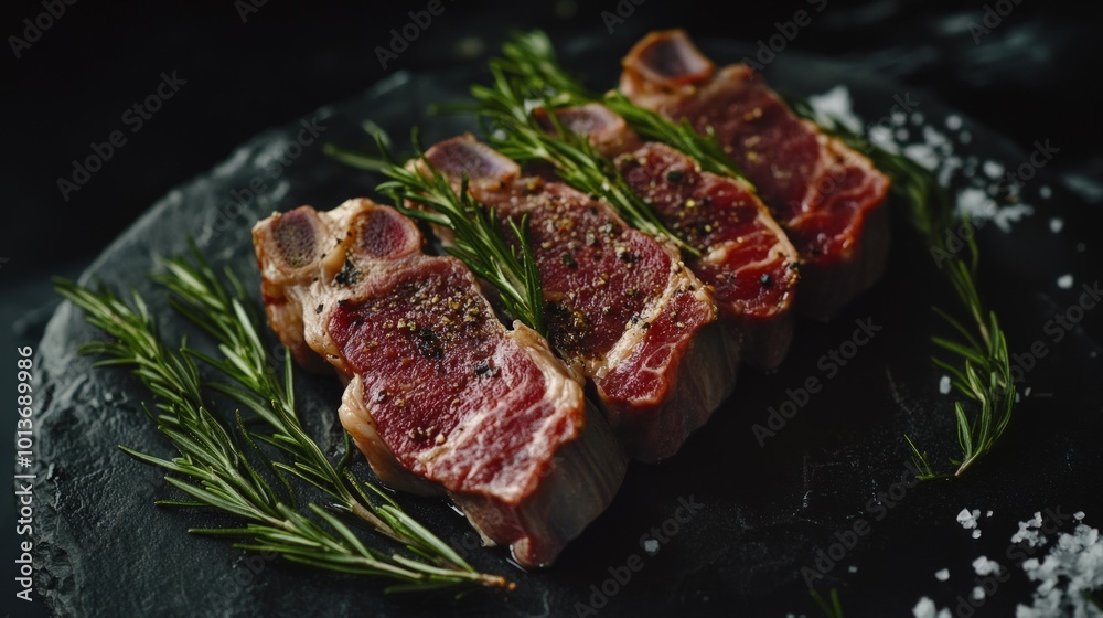 Four seasoned lamb chops arranged on a black slate platter with sprigs of rosemary and coarse salt. Four seasoned lamb chops arranged on a black slate platter with sprigs of rosemary and coarse salt.