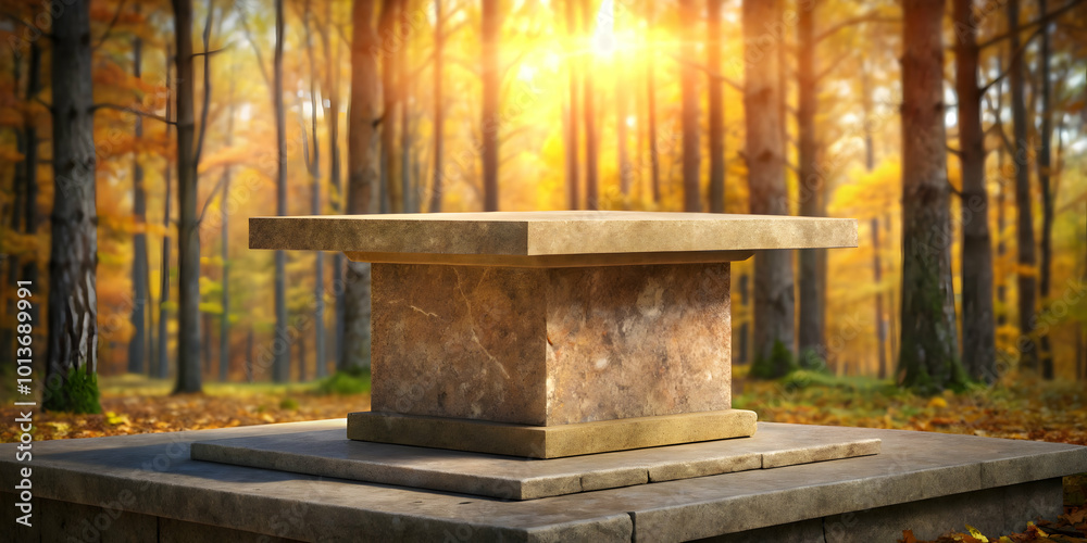 Stone Platform in Autumn Forest: A weathered stone platform stands tall amidst a vibrant autumn forest, bathed in the warm glow of the setting sun. Stone Platform in Autumn Forest: A weathered stone platform stands tall amidst a vibrant autumn forest, bathed in the warm glow of the setting sun.