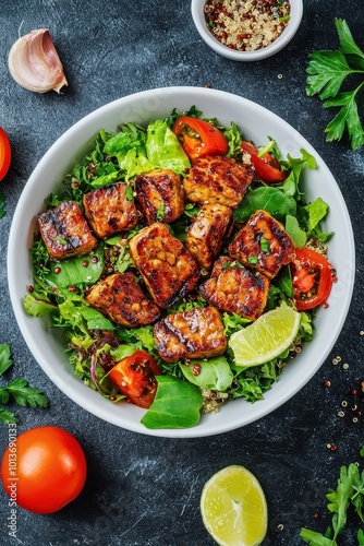 Delicious grilled salmon salad with fresh vegetables, lime, and herbs on a dark stone background.