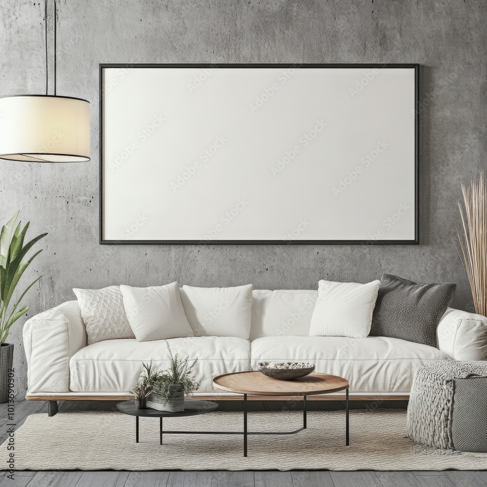 A contemporary living space featuring a white sofa, layered textures, concrete wall, and natural decor elements for a modern aesthetic. A contemporary living space featuring a white sofa, layered textures, concrete wall, and natural decor elements for a modern aesthetic.