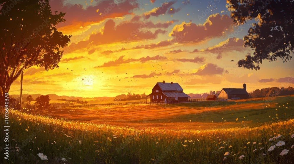 Fototapeta premium A Rural Farmhouse Under a Golden Sunset Sky