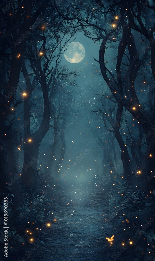 56. An enchanting scene of a dark forest illuminated by moonlight, with twinkling lights and ethereal fireflies creating a mystical atmosphere, perfect for product display 56. An enchanting scene of a dark forest illuminated by moonlight, with twinkling lights and ethereal fireflies creating a mystical atmosphere, perfect for product display