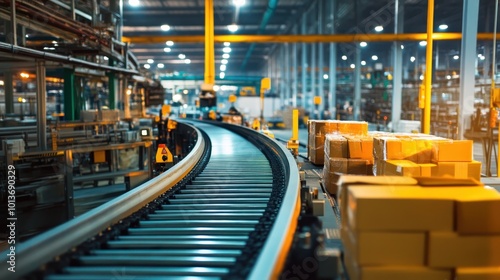 Conveyor belts carrying products through an industrial factory, with machinery working in the background.