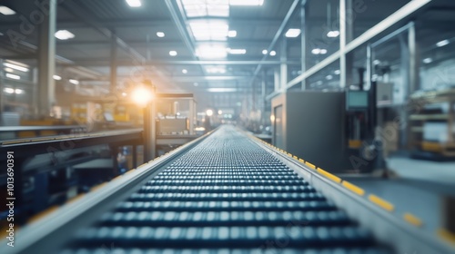 Conveyor belts carrying products through an industrial factory, with machinery working in the background.