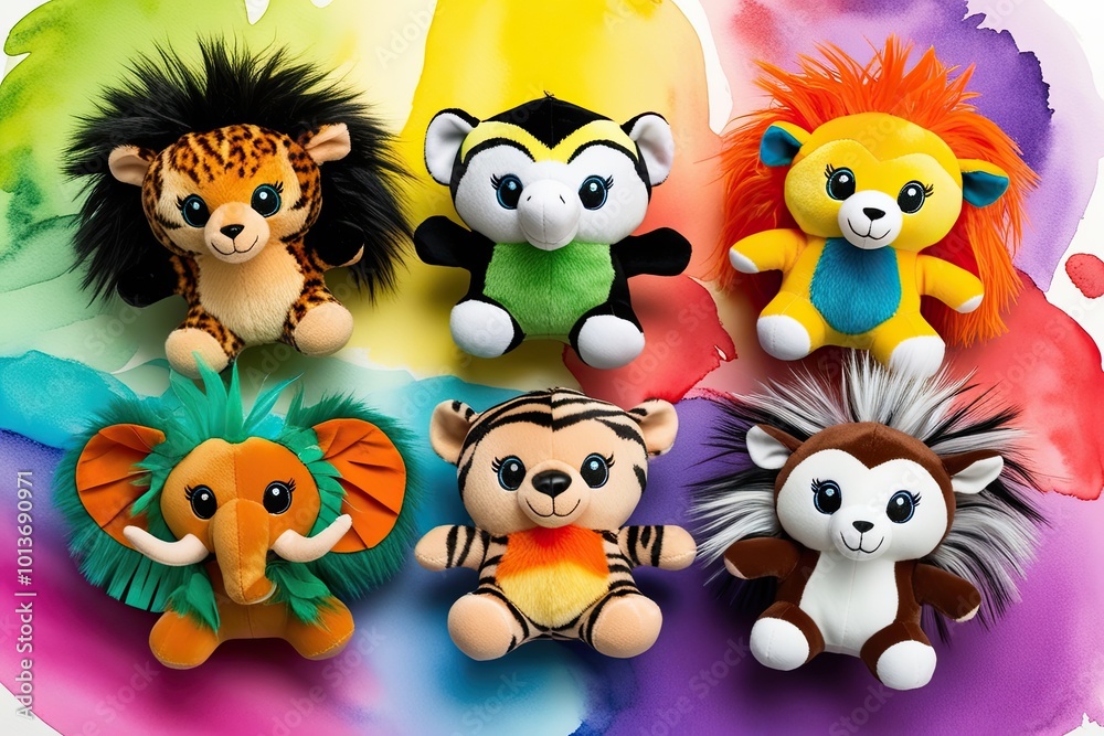 Group of 5 Jungle Animal Plush Toys on Colorful Watercolor Background Group of 5 Jungle Animal Plush Toys on Colorful Watercolor Background