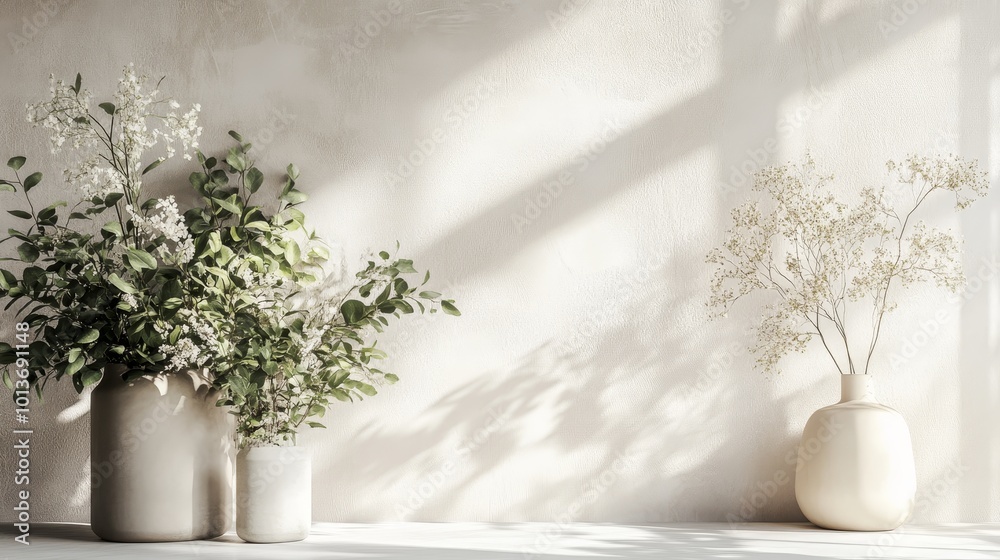 A serene arrangement of vases with greenery and flowers, casting soft shadows on a minimalist wall. A serene arrangement of vases with greenery and flowers, casting soft shadows on a minimalist wall.