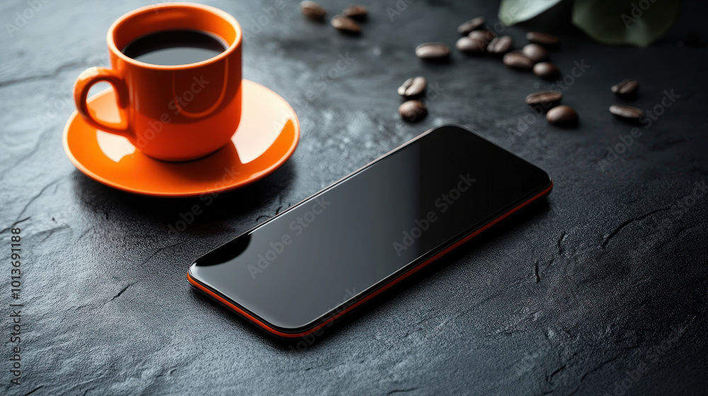 sleek smartphone rests on textured black surface beside vibrant orange coffee cup sleek smartphone rests on textured black surface beside vibrant orange coffee cup