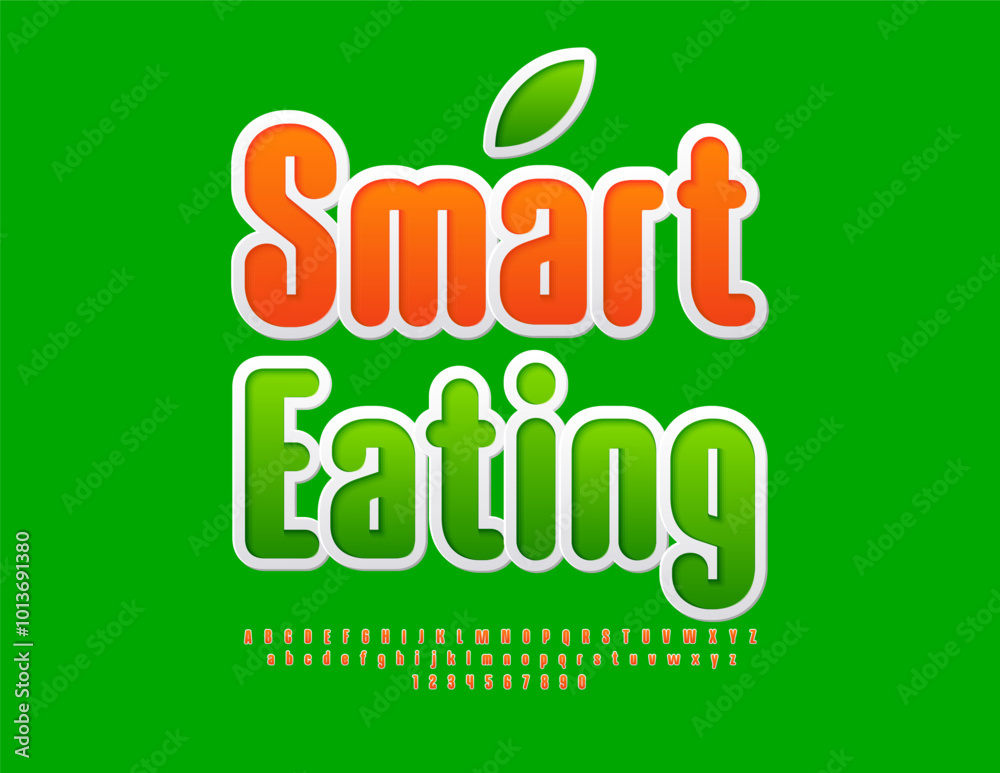 Naklejka premium Vector healthy template Smart Eating with decorative Leaf. Bright Elegant Font. Modern set of Alphabet Letters and Numbers.
