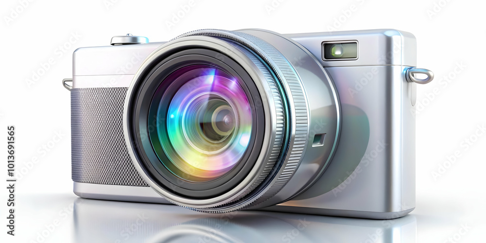 3D Floating Digital Camera with Holographic Lens & Sale Tag Concept for Cyber Monday Deals - Glossy Design, Space for Copy, Iconic Visual 3D Floating Digital Camera with Holographic Lens & Sale Tag Concept for Cyber Monday Deals - Glossy Design, Space for Copy, Iconic Visual