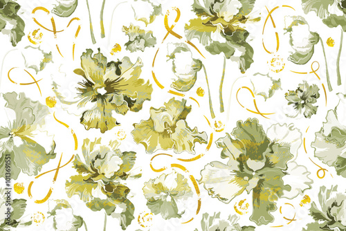 A seamless pattern with tinted African violet flowers isolated on the white background. Golden textured shapes with the aged effect placed around the flowers. Colored ink smear texture placed above.
