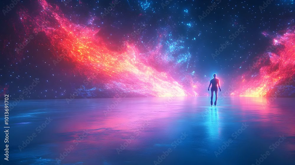 Fototapeta premium 3D Abstract Glowing Ice Skater on Frozen Digital Lake: Vibrant Neon Reflections and Radiant Atmosphere for Winter Themed Designs