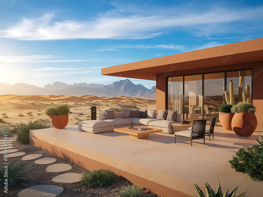 Fototapeta premium Desert Oasis: Modern Home with Stunning Mountain Views Modern Patio with Mountain Views
