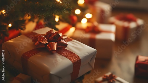 Close-up of wrapped Christmas presents with festive bows and ribbons under a beautifully lit tree.