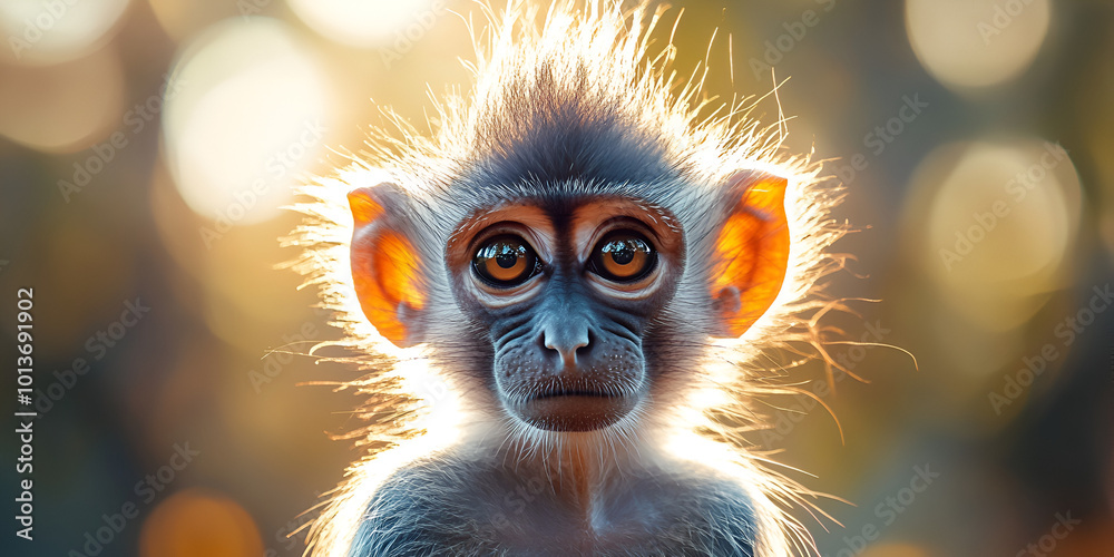 Fototapeta premium Curious Baby Monkey in Sunlit Tropical Forest