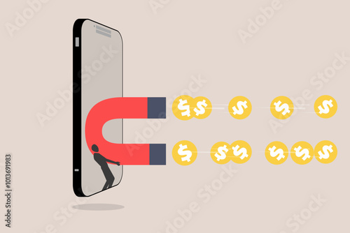 Businessman holding Magnet magnetize money. concept of Money magnet, power to attract business opportunity and earn more profit or increase wealth, salary raise or earn more income
