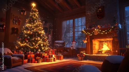 Cozy living room with a beautifully decorated Christmas tree, presents underneath, and a fireplace glowing warmly.