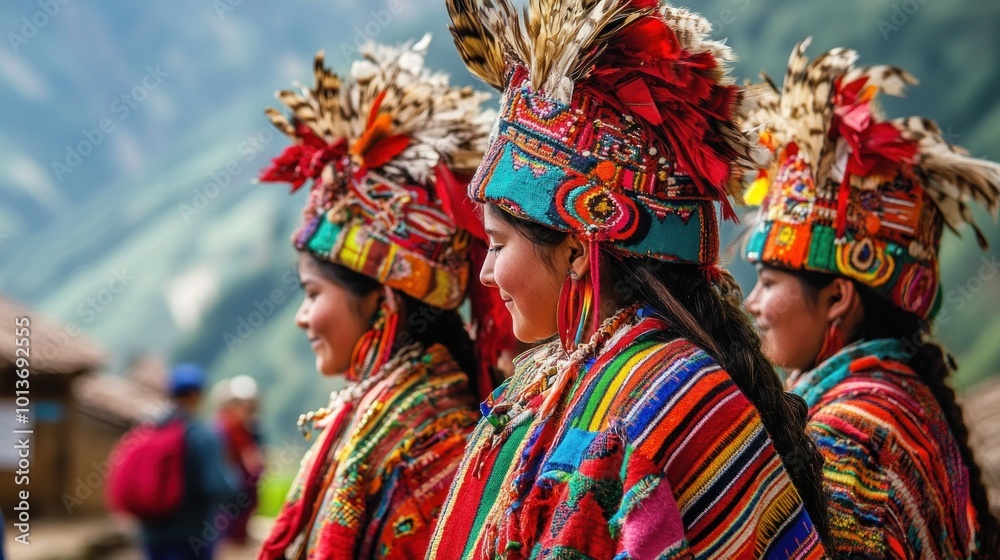 Three Peruvian Women in Traditional Colorful Clothing and Headdresses Three Peruvian Women in Traditional Colorful Clothing and Headdresses