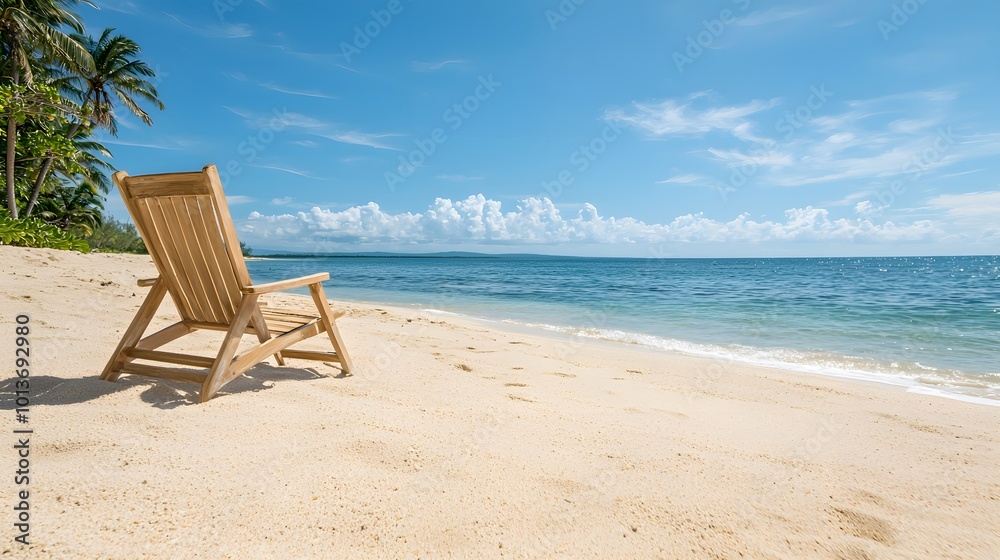 A sandy beach with a wooden chair facing the ocean under a clear blue sky, perfect for relaxation and enjoying nature. A sandy beach with a wooden chair facing the ocean under a clear blue sky, perfect for relaxation and enjoying nature.