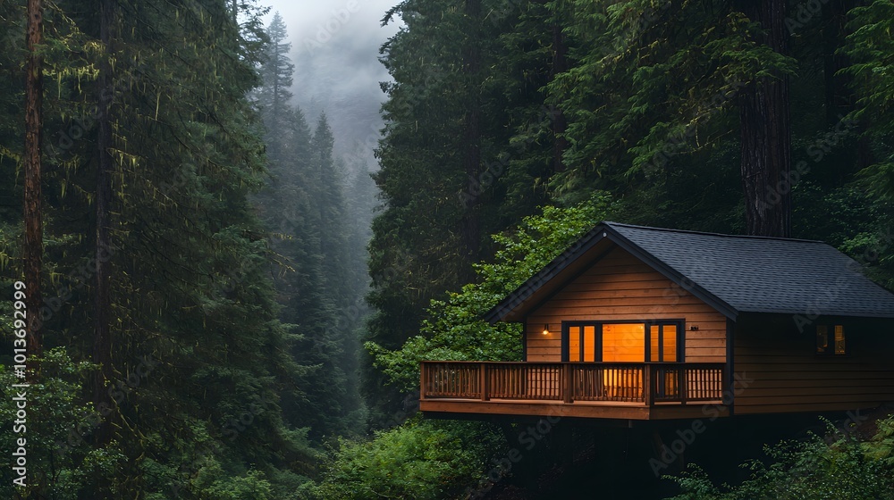 A cozy wooden cabin nestled in a misty forest, glowing warmly from its windows, surrounded by lush greenery and towering trees. A cozy wooden cabin nestled in a misty forest, glowing warmly from its windows, surrounded by lush greenery and towering trees.